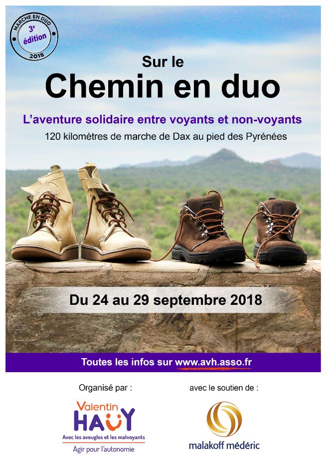 Visuel de l affiche 2018. 3eme edition du Chemin en duo du 24 au 29 septembre. 50 binÃ´mes voyant - non voyant durant 120 km de marche Ã  pied de Dax aux pieds des PyrÃ©nÃ©es.