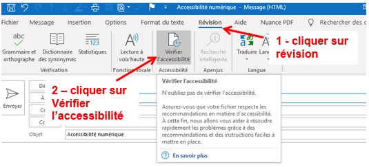 Capture d'écran : Onglet révision des messages d’Outlook avec vérificateur d’accessibilité.