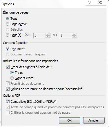 Capture d'écran : fenêtre d'options d'enregistrement au format pdf. Les cases "créer des signets", "titres" et "balises de structure de document pour l'accessibilité" sont cochées.