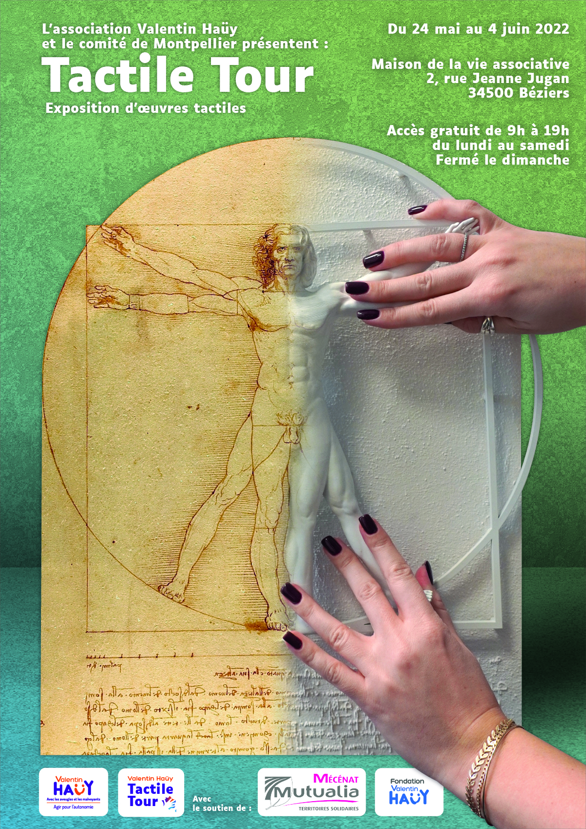 affiche du Tactile Tour de Béziers montrant des mains de femme en train de toucher l'Homme de Vitruve