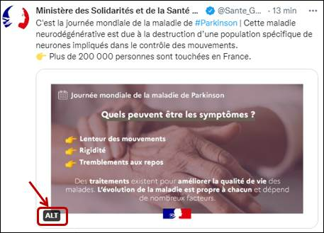 Tweet du ministère des Solidarités et de la Santé avec une image en bas de laquelle figure la mention « ALT » signalant la présence d’une alternative textuelle.
