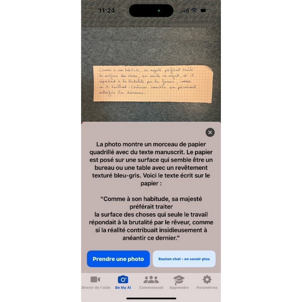 Capture d'un texted en écriture manuscrite par "Be my Eyes"