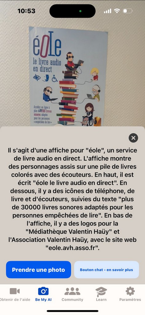 L'affiche de la bibliothèque Éole de l'AVH interprétée par "Be my Eyes"