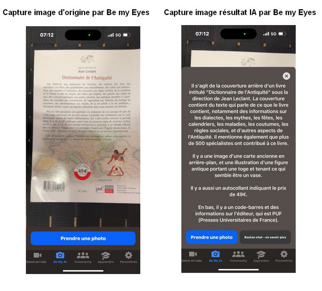 capture écran et analyse d'une 4ème de couverture par "Be my Eye"
