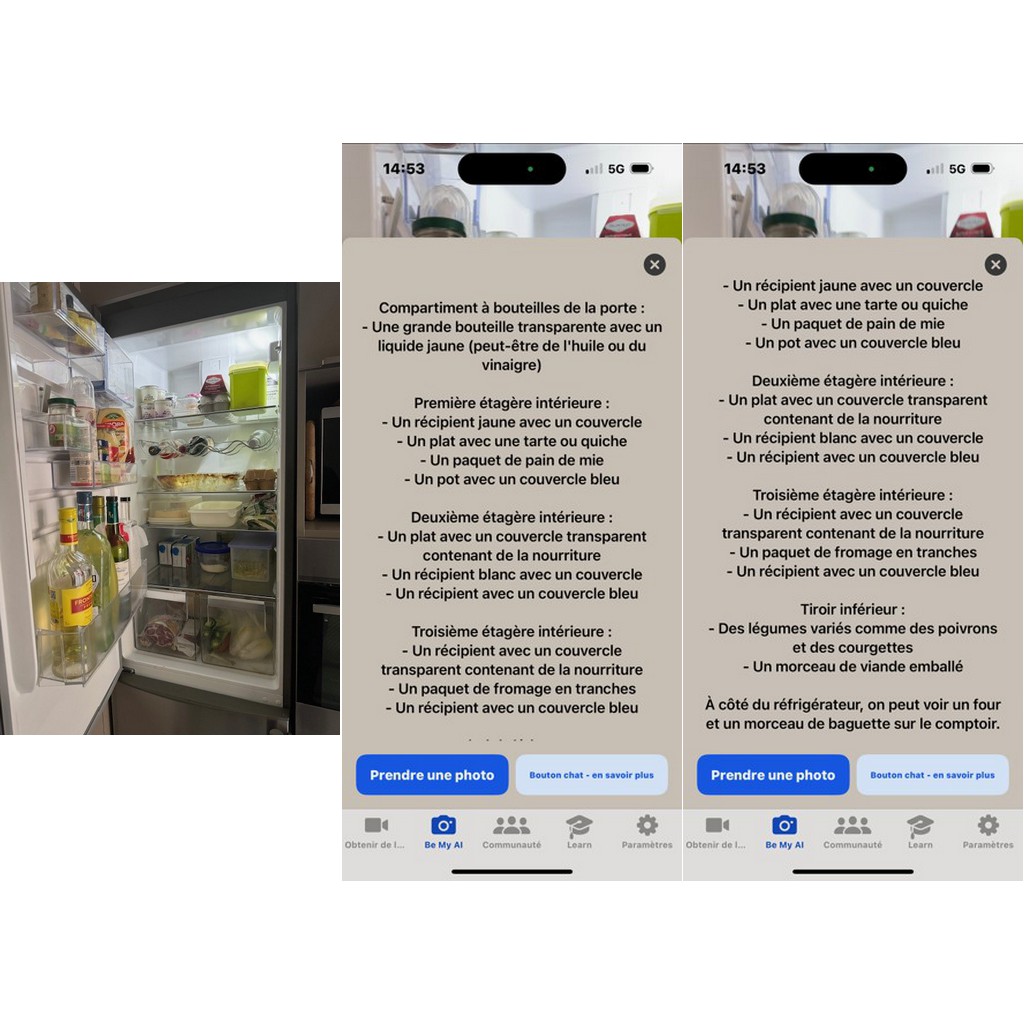La capture du contenu d'un frigidaire et le descriptif de son contenu par "Be My Eyes"