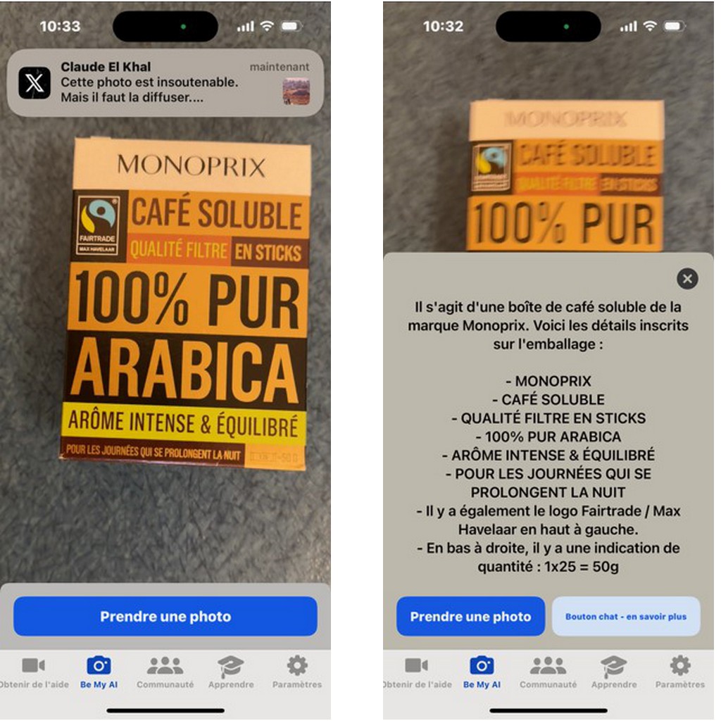 Capture écran et interprétation d'une boîte de café soluble Monoprix par l'application "Be my Eyes"