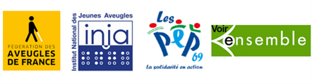 Suite des logos des association partenaires : Fédération des aveugles de France, INJA, Les Pep 69 et Voir ensemble