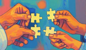 Quatre mains tenant chacune une pièce d'un puzzle se regroupe.  