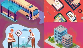 Un bus , un chantier , des clavier d'ordinateurs un immeuble pour représenté les problèmes d'accessibilité.