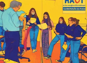 Un groupe de personnes participe à une sensibilisation sur le handicap viseul.