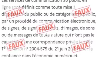 Extrait du RGAA avec citation erronée de l’article premier de la loi n° 2004-575 du 21 juin 2004 pour la confiance dans l’économie numérique. L’extrait est recouvert du tampon « FAUX »