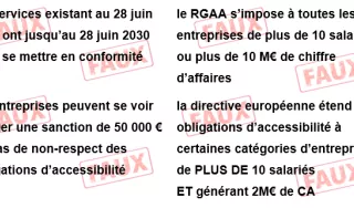 Quatre informations erronées relatives à l’accessibilité numérique recouvertes par le tampon « FAUX ».
