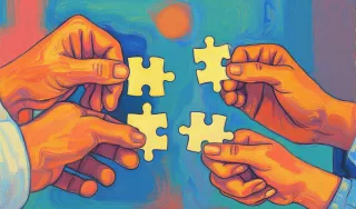 Quatre mains tenant chacune une pièce d'un puzzle se regroupe.  