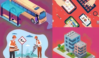 Un bus , un chantier , des clavier d'ordinateurs un immeuble pour représenté les problèmes d'accessibilité.