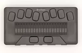 Vue du dessus du Brailliant BI 20X sans sa housse montrant le clavier braille et l'afficheur braille