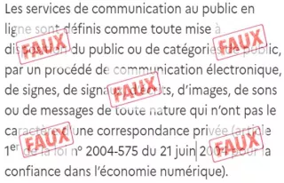 Extrait du RGAA avec citation erronée de l’article premier de la loi n° 2004-575 du 21 juin 2004 pour la confiance dans l’économie numérique. L’extrait est recouvert du tampon « FAUX »