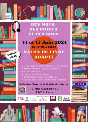 Affiche du salon du livre adapté. Les 14 et 15 juin 2024 à la salle des fête de la mairie du 14ème.