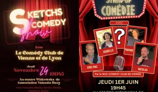 Affiches de spectacles de stand-up organisés le 24 novembre 2022 et le 1er juin 2023 au Centre Witkowska de l'Association Valentin Haüy