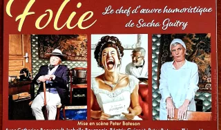 Affiche publicitaire pour une pièce de théâtre de Sacha Guitry - Trois personnages