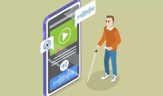 Personne aveugle devant un smartphone géant