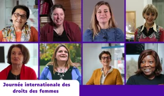 Composition de huit portraits photographiques de femmes d'âges et d'horizons variés, disposés sur deux rangées. En bas à gauche, un encadré blanc contient le texte en violet : « Journée internationale des droits des femmes ». L'ensemble célèbre la diversité des visages féminins.