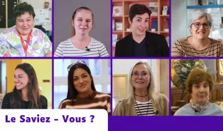 Une mosaïque composée de huit portraits de femmes disposés sur deux rangées. Les images montrent une diversité de visages, certains souriant face caméra, d'autres de profil ou dans des environnements de travail. L'ensemble est encadré par des bordures violettes. En bas à gauche, un bandeau blanc aux bords arrondis affiche l'inscription « Le Saviez - Vous ? » en lettres violettes.