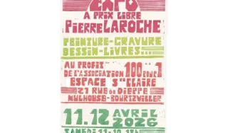  C'est une affiche faite manuellement à partir de tampons fabriqués sur des supports en bois (je ne sais pas comment expliquer exactement, mais c'est le principe des tampons encreurs de quand on était petits : on met de l'encre ou de la peinture sur un support gravé et on tamponne la feuille). Les couleurs ne sont pas franches, mais plutôt estompées, comme une aquarelle.  1) En haut, en rouge sombre :  Des bandes verticales + une arche arrondie dans laquelle est écrit "Expo à prix libre - Pierre Laroche"