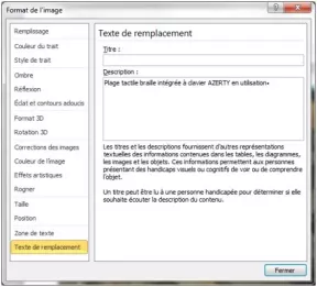 Capture écran : saisie du texte de remplacement sous Powerpoint 2010.  Il y a deux zones de saisie : titre et description. Seule la zone description est renseignée. 