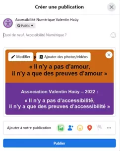 Création d’une publication Facebook avec une image. Facebook propose un bouton « modifier » qui permet d’accéder à la saisie du texte alternatif.