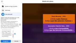 Saisie du texte alternatif (ici : Pierre Reverdy – 1918 : « Il n’y a pas d’amour, il n’y a que des preuves d’amour ». Association Valentin Haüy – 2022 : « Il n’y a pas d’accessibilité, il n’y a que des preuves d’accessibilité »