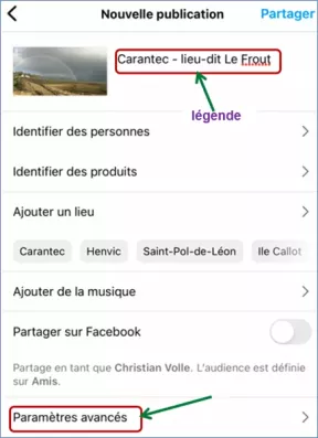 Capture écran de la fonction "Nouvelle publication" - Ajout d'informations de publication (la légende)