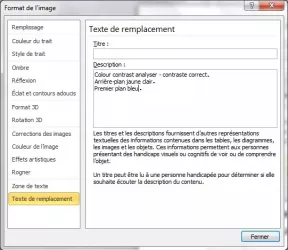 Capture écran : saisie du texte de remplacement sous Word 2010 (format .docx). Il y a deux zones de saisie : titre et description. Seule la zone description est renseignée.