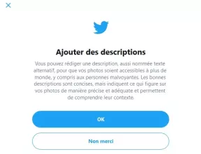 Explication fournie par Twitter. Ajouter des descriptions. Vous pouvez ajouter une description aussi nommée texte alternatif pour que vos photos soient accessibles à plus de monde, y compris aux personnes malvoyantes. Les bonnes descriptions sont concises, mais indiquent ce qui figurent sur vos photos de manière précise et adéquate et permettent de comprendre leur contexte.