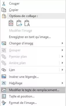 Capture d'écran : menu proposé dans Word 365 après clic droit sur une image.