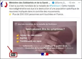 Tweet du ministère des Solidarités et de la Santé avec une image en bas de laquelle figure la mention « ALT » signalant la présence d’une alternative textuelle.