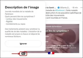 Après avoir cliqué sur le « ALT », une fenêtre s’ouvre et affiche la description de l’image fournie par l’auteur du tweet.