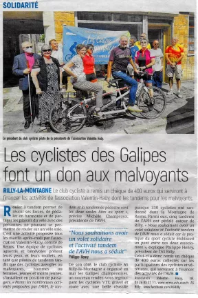 Article l'Union 25 juillet 2022 - Les Galipes Champenoises - Les cyclistes des Galipes font un don aux malvoyants