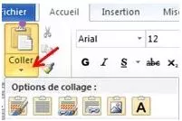Options de collage dans Word après une copie de tableau faite dans Excel.