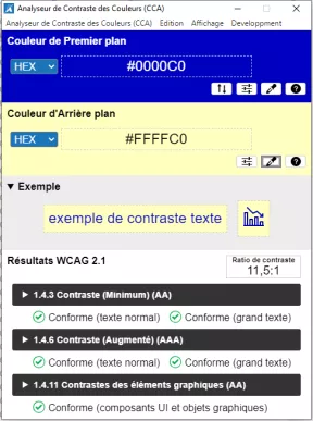 Colour contraColour contrast analyser - contraste correct (11,5). Arrière-plan jaune clair. Premier plan bleu.st analyser - contraste insuffisant (2,2). Arrière-plan gris. Premier plan rouge.