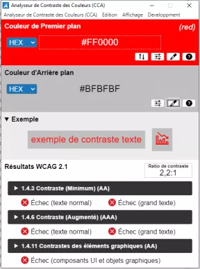 Colour contrast analyser - contraste insuffisant (2,2). Arrière-plan gris. Premier plan rouge.