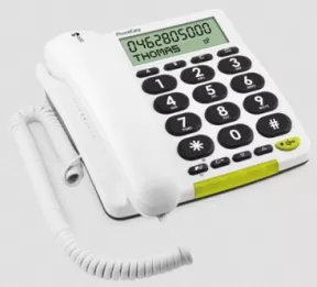 Téléphone filaire « Phone Easy 312 CS » avec de grosses touches et un affichage en gros caractères sur écran LCD.