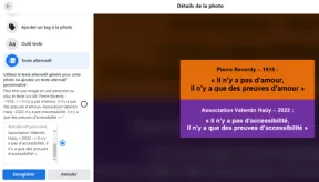 Saisie du texte alternatif (ici : Pierre Reverdy – 1918 : « Il n’y a pas d’amour, il n’y a que des preuves d’amour ». Association Valentin Haüy – 2022 : « Il n’y a pas d’accessibilité, il n’y a que des preuves d’accessibilité ».)