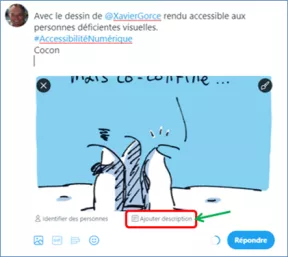 Tweet en cours de composition avec du texte, un lien et une image non encore décrite (ici un dessin de Xavier Gorce).. Twitter propose l’option « Ajouter description ».