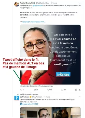 Tweet affiché dans le fil. Pas de mention ALT en bas et à gauche de l’image