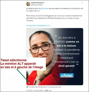 Tweet sélectionné. La mention ALT apparaît en bas et à gauche de l’image