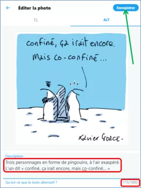 La description de l’image peut désormais aller jusqu’à 1000 caractères. À la fin de la saisie, cliquer sur « enregistrer ».