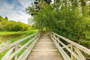 photo d'une promenade où se trouve un pont au dessus d'une rivière