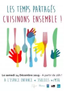 Dessin de mains et de couverts où est marqué les temps partagés cuisinons ensemble