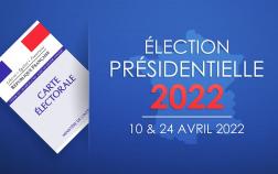 Image officiel de l'élection présidentielle du 10 et 24 avril 2022 montrant  un carte éléctorale et sur fond bleu la carte de France.