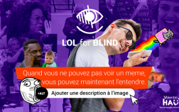 Image d'illustration de l'opération Lol For Blind montrant un jeune homme souriant et malvoyant en train d'écouter son téléphone.